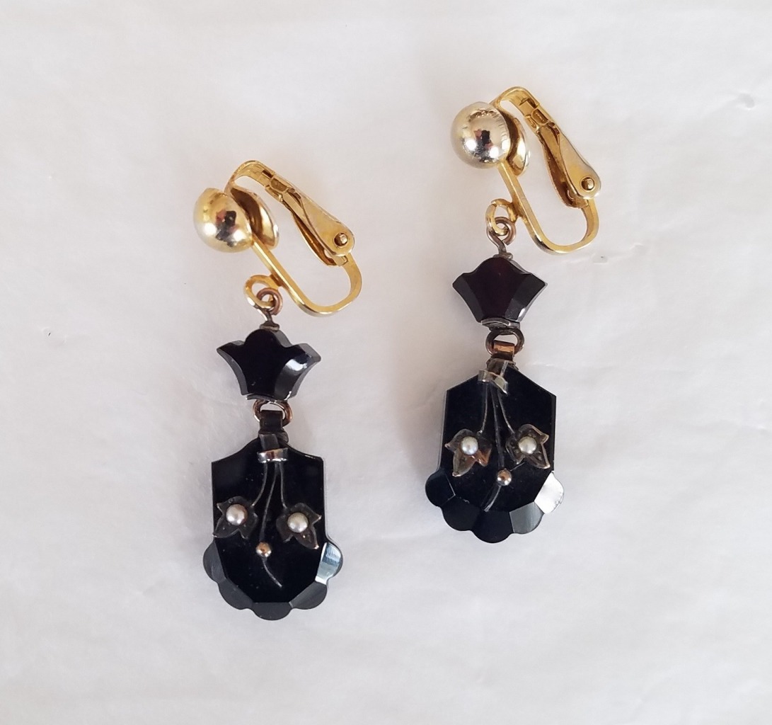 Vintage Black Enamel Clip Dangle Earrings
