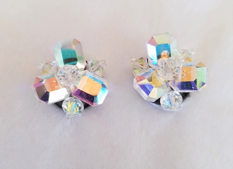 Vintage Aurora Borealis Crystal Clip Earrings