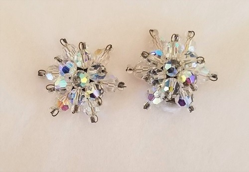 Vintage Aurora Borealis Starburst Crystal Cluster Clip Earrings