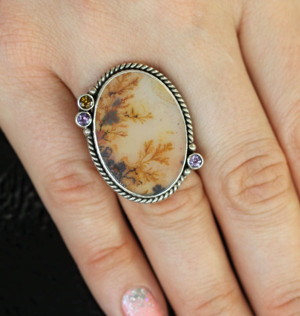 Echo of the Dreamer Dendritic Agate Ring with Gemstones