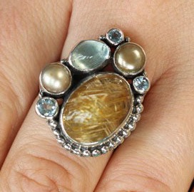 Echo of the Dreamer Rutilated Quartz Pearl Cluster Ring