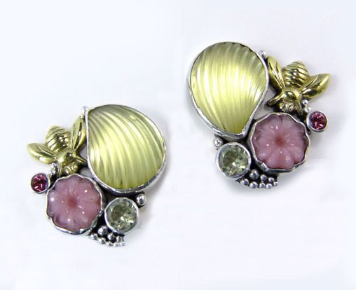 Mars & Valentine Vintage Glass with Bee Cluster Clip Earrings