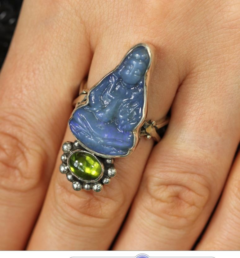 Echo of the Dreamer Hand Carved Opal & Peridot Quan Yin Statement Ring