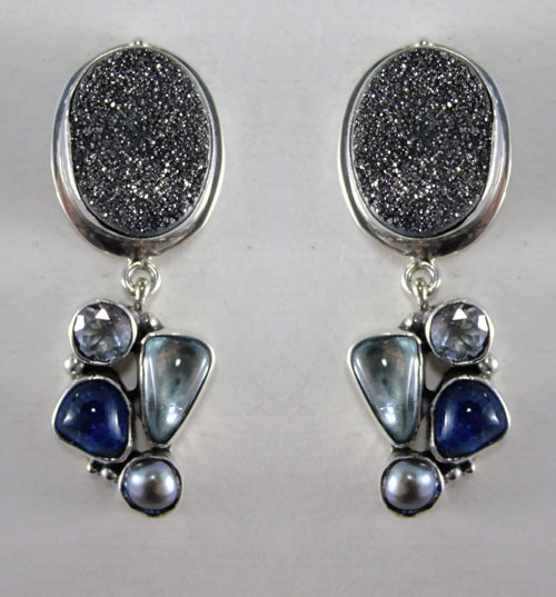 Black Drusy Gem Cluster Post Dangle Earrings