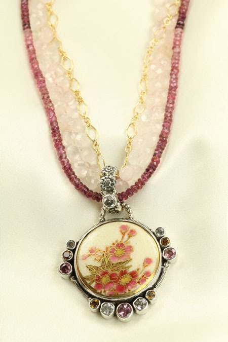 Antique Japanese Cherry Blossom Satsuma Button Pendant Necklace