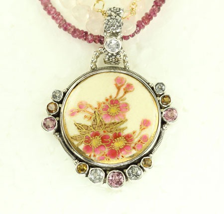 Antique Japanese Cherry Blossom Satsuma Button Pendant Necklace
