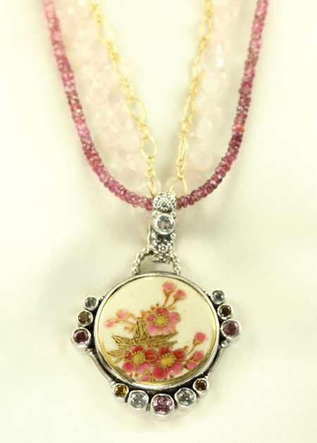 Antique Japanese Cherry Blossom Satsuma Button Pendant Necklace