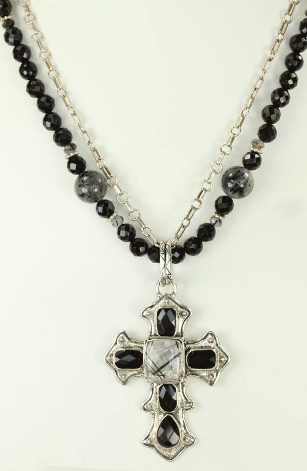Ornate Tourmilated Quartz & Black Onyx Cross Pendant Necklace