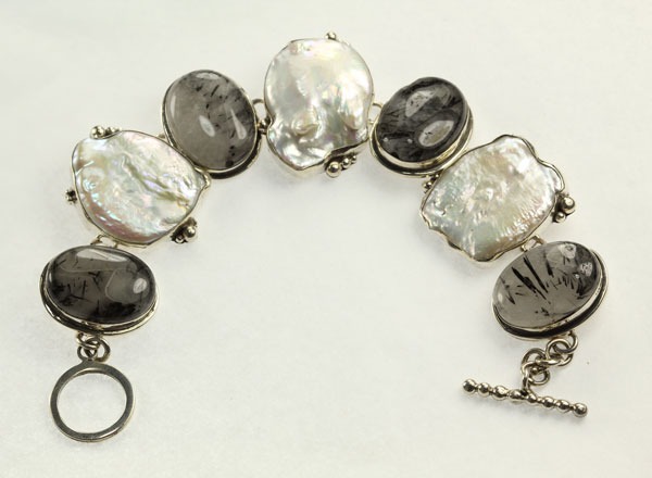 Tourmilated Quartz & Free Form Pearl Bracelet
