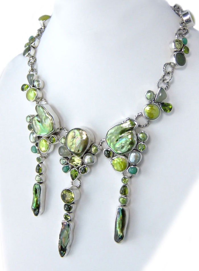 Cascading Green Pearl Gem Cluster Collar