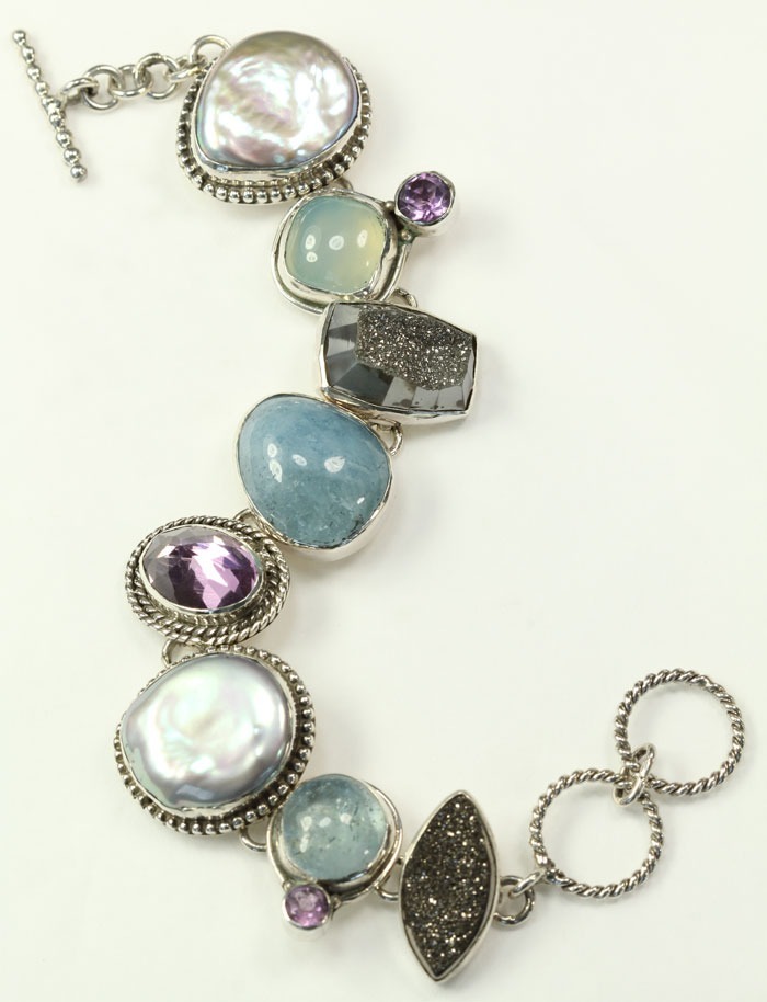 Echo of the Dreamer Aquamarine, Amethyst, & Silver Drusy Bracelet