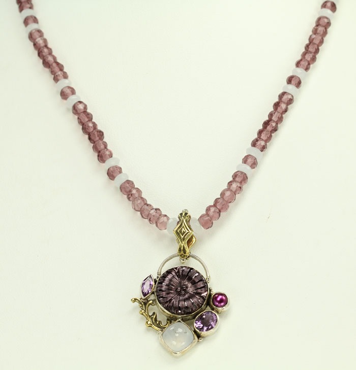 Mars & Valentine Vintage Purple & Gold Czech Button Necklace