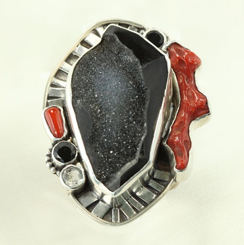 Black Drusy Statement Ring with Red & Black Accents