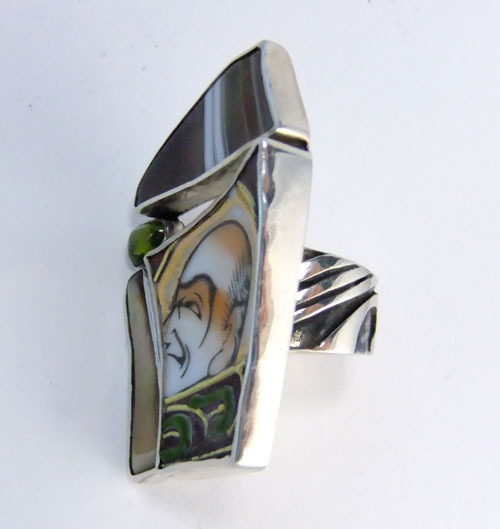 Immortals Vintage Asian Tile Ring with Green & Gold Accents