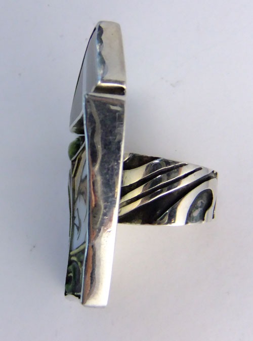 Immortals Vintage Asian Tile Ring with Green & Gold Accents