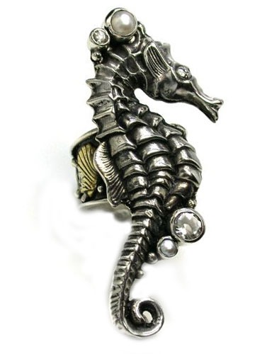 Very Long Sterling Silver Seahorse Statement Ring 