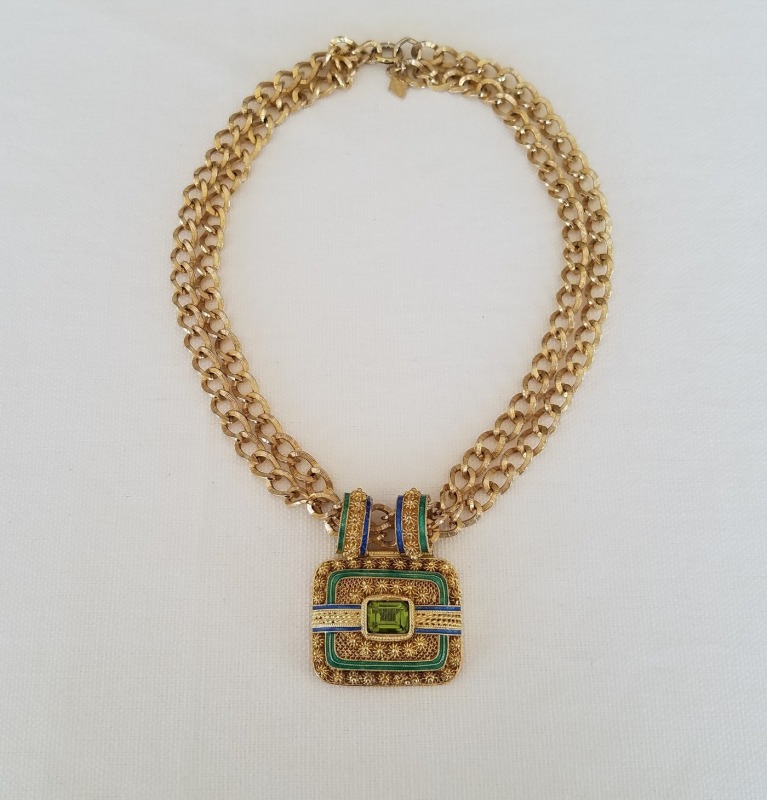 Hand Made Gold Vermeil Filigree Pendant with Large Emerald-Cut Peridot   
