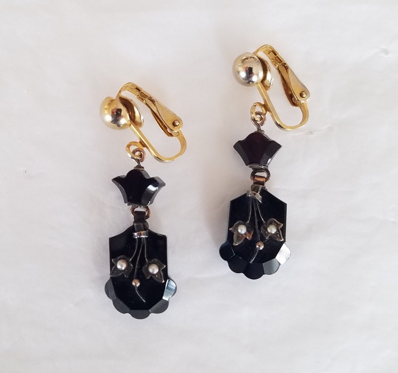 Vintage Black Enamel Clip Dangle Earrings