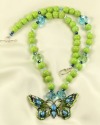 Enamel Butterfly Necklace with Green Turquoise Stranding