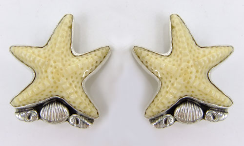 Very Large Carved Bone Starfish Clip Earrings