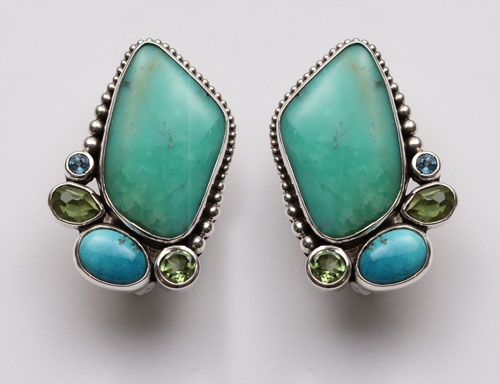 Green Turquoise Gemstone Cluster Clip Earrings