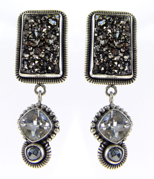 Black Drusy, White Topaz & Hematite Post Dangles  