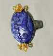 Carved Lapis Bird Ring with Vermeil & Gemstones