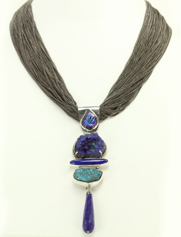Azurite Malachite Geode & Lapis Statement Pendant Necklace