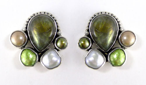 Spectrolite & Pearl Cluster Post Earrings