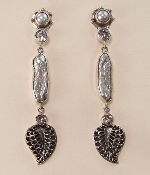 Mars & Valentine Platinum Pearl Post Dangle Earrings