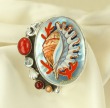 Hand Painted Shell Ring with Gemstones MATCHING PIN-PENDANT AVAILABLE