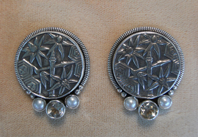 Echo of the Dreamer Oxidized Sterling Silver Bamboo Post Earrings with White Pearls & White Topaz--ORIGINALLY $165.00