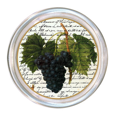 Purple Grapes on French Writing, White Background