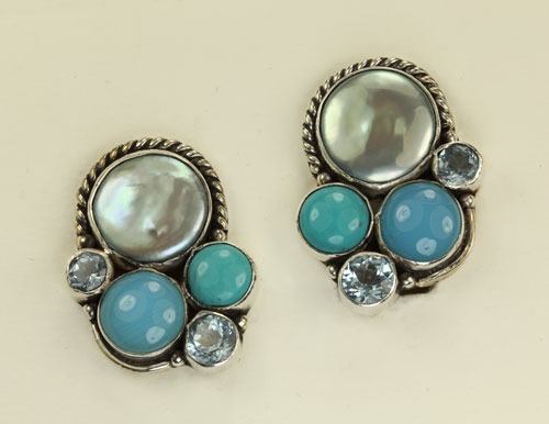 Platinum Pearl Gem Cluster Clip Earrings--MATCHING RING CAN BE ORDERED
