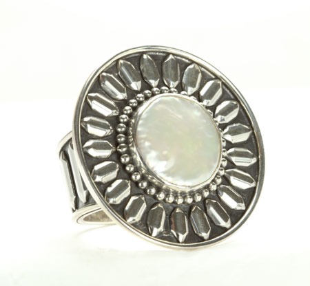 Echo of the Dreamer Large Silver Sunflower Ring with White Pearl