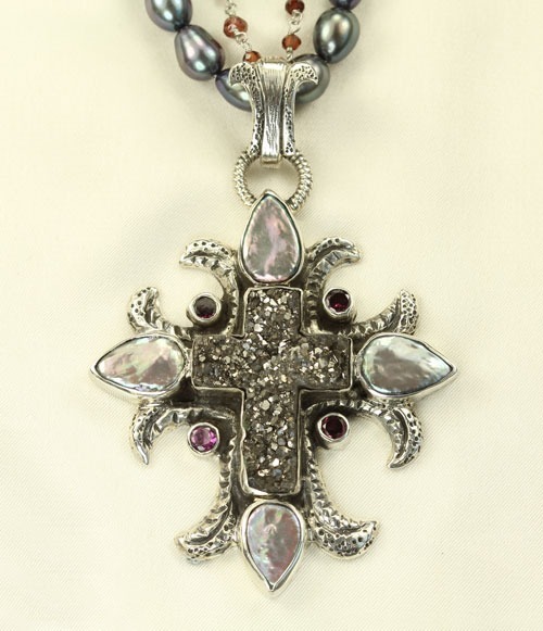 Echo of the Dreamer Ornate Black Drusy Cross Pendant Necklace