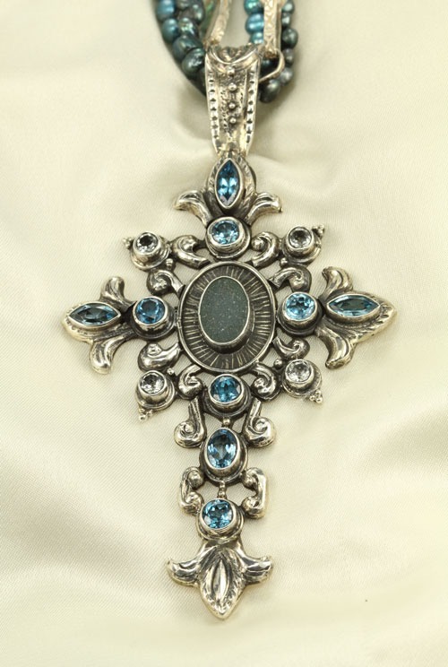 Echo of the Dreamer Ornate Blue Topaz Cross Pendant Necklace