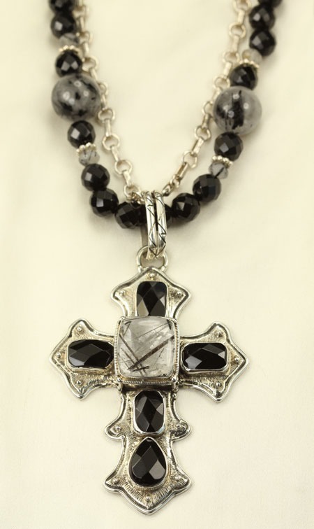 Echo of the Dreamer Ornate Tourmilated Quartz & Black Onyx Cross Pendant Necklace