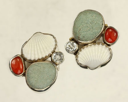 Echo of the Dreamer River Rock, Shell & Carnelian Asymmetrical Clip Earrings