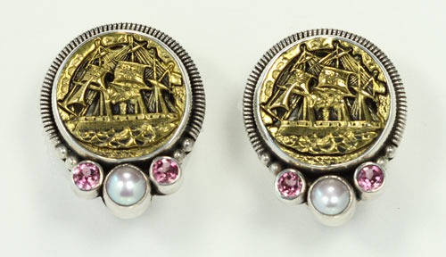 Mars & Valentine Schooner Clip Earrings with Pink Tourmaline & Pearls
