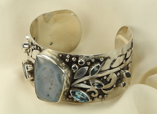 Echo of the Dreamer Sterling Silver Cuff with Blue Drusy & Gemstones