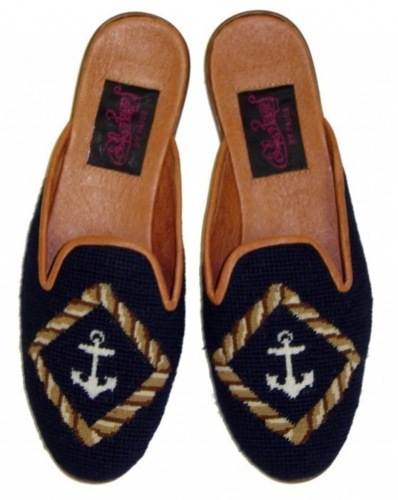 Anchor on Navy Needlepoint Mule