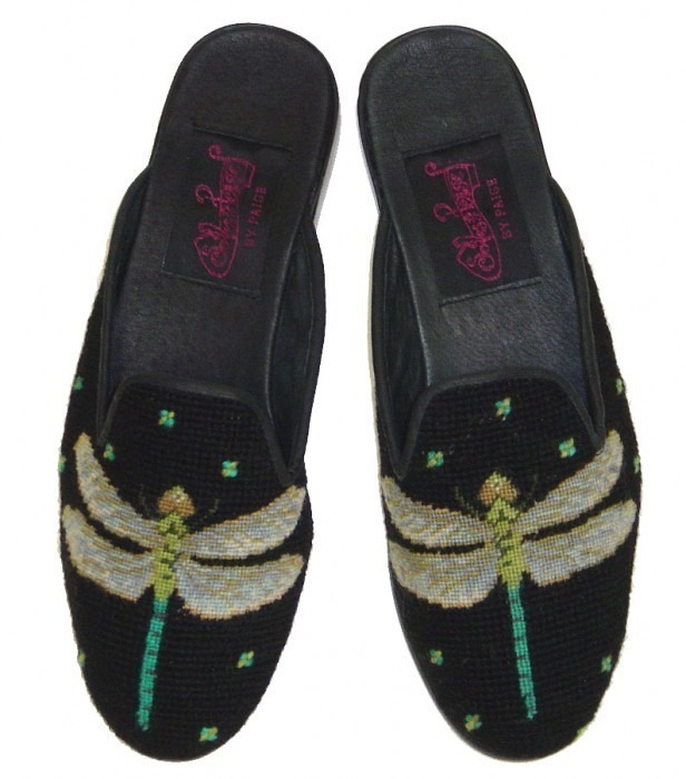 Dragonfly on Black Needlepoint Mule 