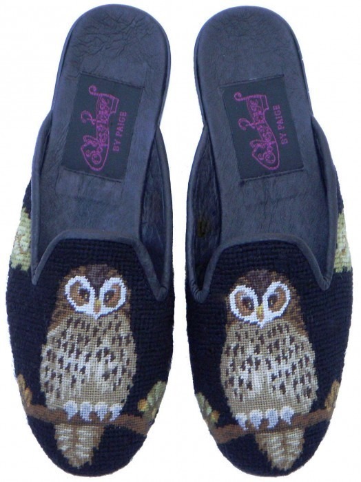 Night Owl on Black Needlepoint Mule