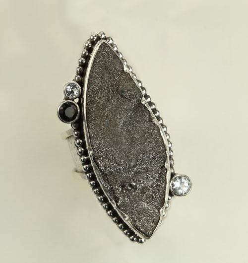 Ridged Long Black Drusy Ring