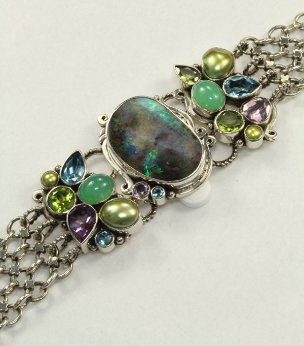 Sterling Silver Mesh Bracelet with Opal Centerpiece & Gemstones
