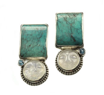 Turquoise & Carved Moonstone Clip Earrings