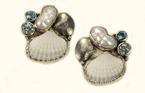 Echo of the Dreamer White Shell & Blue Topaz Cluster Clip Earrings