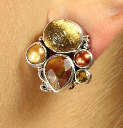 Citrine & Tiger Eye Cluster Clip Earrings