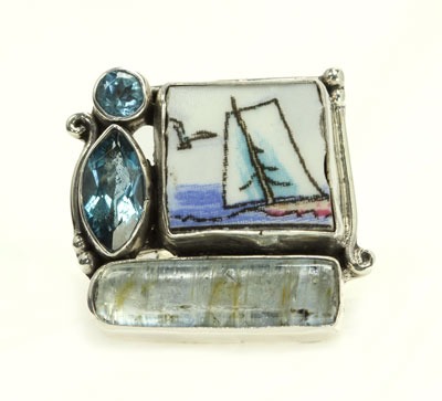 Mars & Valentine Hand Painted Sailboat Tile Ring